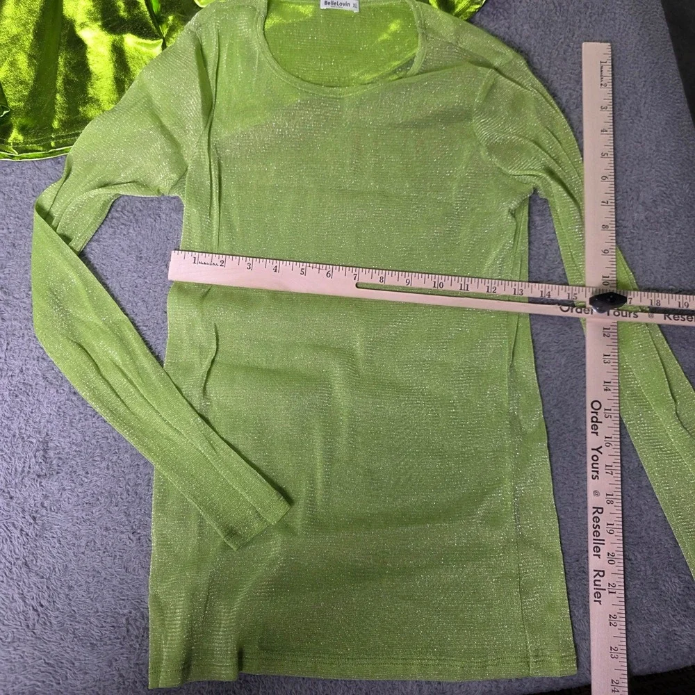 EXCHIC Women XL Skirt Set Lime Green Metallic Skater Skirt Sheer Glitter Top